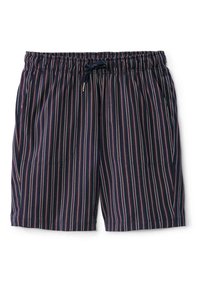 Marineblauwe shorts met verticale strepen in rood en wit. Elastische tailleband met trekkoord, twee zijzakken, lichtgewichtig materiaal.
