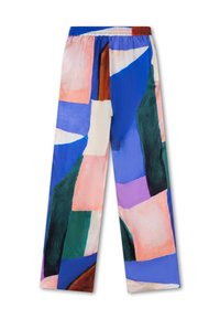 Royale, kleurrijke broek met een abstract patroon in blauw, roze, groen en crème, met een elastische tailleband voor extra comfort.