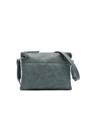 Sac en cuir bleu foncé à porter en travers, de forme rectangulaire avec une surface texturée, fermeture zippée sur le dessus et une bandoulière réglable.