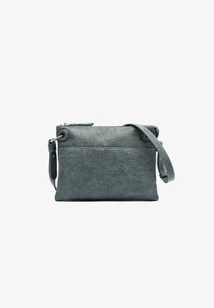 Dunkelblaues Leder-Crossbody-Tasche, rechteckige Form mit strukturiertem Oberflächenmaterial, Reißverschluss oben und einem verstellbaren Schultergurt.