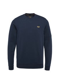 Sweatshirt bleu marine en mélange de coton, avec un col rond côtelé, des manches longues et un petit patch logo sur la poitrine. Fini texturé.