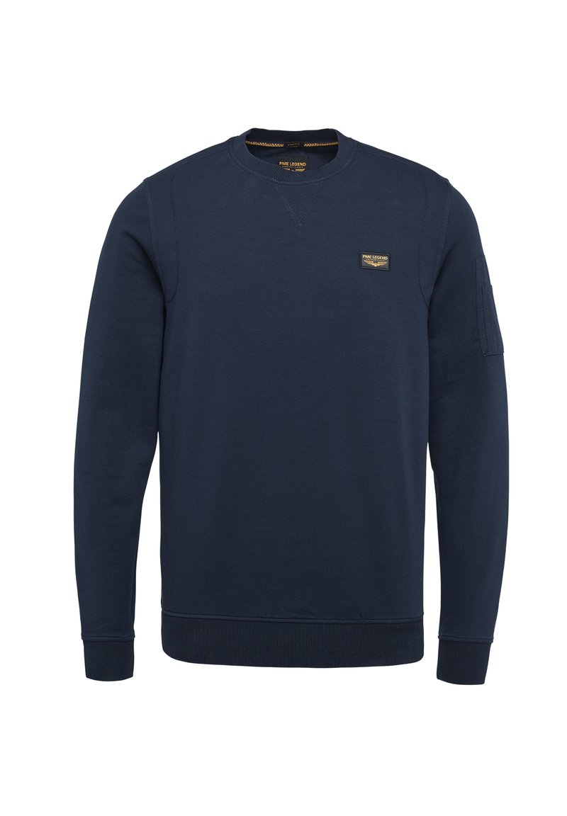 Sweatshirt bleu marine en mélange de coton, avec un col rond côtelé, des manches longues et un petit patch logo sur la poitrine. Fini texturé.