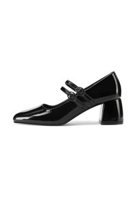 Scarpina Mary Jane in pelle verniciata nera con punta affusolata, due cinturini regolabili con fibbie rotonde e tacco chunky curvo.
