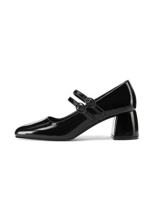 Scarpina Mary Jane in pelle verniciata nera con punta affusolata, due cinturini regolabili con fibbie rotonde e tacco chunky curvo.