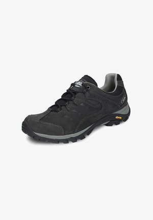 Black hiking shoe made of suede with a rubber sole. Features a padded collar, gray accents, and Vibram branding on the outsole.
