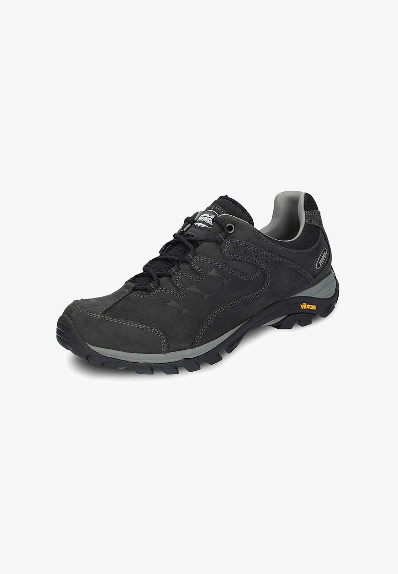Black hiking shoe made of suede with a rubber sole. Features a padded collar, gray accents, and Vibram branding on the outsole.