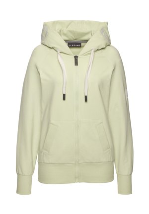Helles grünes Kapuzenpullover mit Reißverschluss, zwei Seitentaschen, gerippten Bündchen und Kordeln. Weicher Stoff.