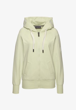 Helles grünes Kapuzenpullover mit Reißverschluss, zwei Seitentaschen, gerippten Bündchen und Kordeln. Weicher Stoff.