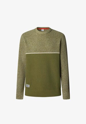 Zielony sweter z dzianiny z fakturowanym wzorem; posiada kontrastowy biały poziomy pasek oraz ściągacze na rękawach i dole. Metka na dolnym lewym boku.