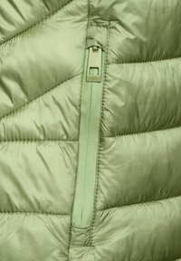 Nærbillede af lys grøn kviltet stof med en lynlås-lomme, der viser et matchende grønt lynlås-træk mærket "CECIL."