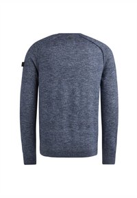 Dunkelblauer Pullover aus strukturiertem Strick, mit langen Ärmeln und rundem Ausschnitt. Verfügt über eine Knopfleiste hinten und ein dezentes Muster.
