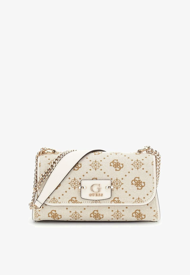 Borsa a tracolla beige con texture, dettagli in oro e tracolla a catena. Presenta una chiusura a patta con una placca logo e un motivo floreale in rilievo.