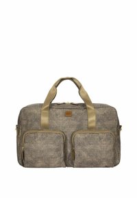 Borsone in tessuto strutturato marrone con due tasche frontali con zip e manici sintetici beige. Caratterizzato da una chiusura superiore con zip e un'accents del logo.