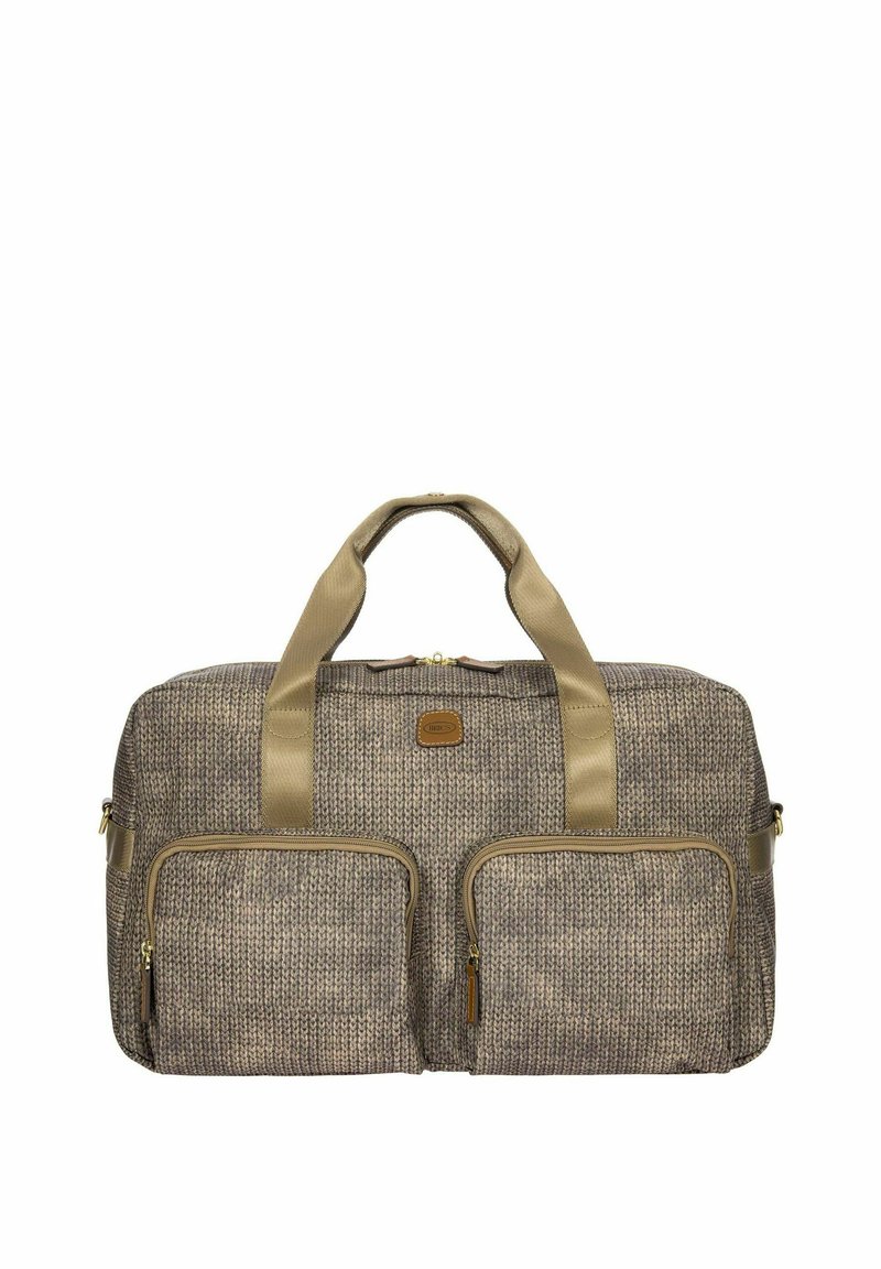 Borsone in tessuto strutturato marrone con due tasche frontali con zip e manici sintetici beige. Caratterizzato da una chiusura superiore con zip e un'accents del logo.