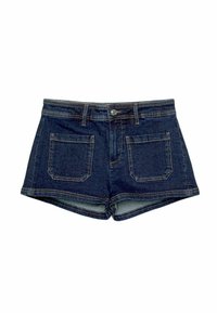 Mörkblå denimshorts med en slät textur, försedda med knäppning, bältesöglor och två bakfickor med sömdetaljer.