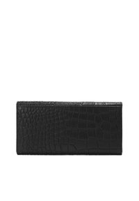 Črn usnjen denarnica s potiskom krokodila v elegantni pravokotni obliki. Ima teksturirano površino in kontrastne šive ob robovih.