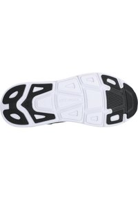 Semelle de chaussure avec une surface en caoutchouc noir, présentant une semelle intermédiaire blanche, des motifs texturés et des accents géométriques moulés pour l'adhérence.