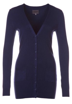 Marineblauer Cardigan mit langen Ärmeln, V-Ausschnitt, Frontknöpfen und zwei Vordertaschen aus Strickstoff.