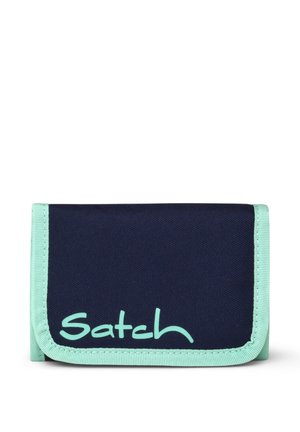 Navy blue and mint green fabric wallet with "Satch" logo on front, rectangular shape, folded style, and mint green trim.