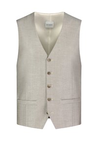 Hellgraue Weste aus gemustertem Stoff mit V-Ausschnitt, fünf Knöpfen und zwei Fronttaschen. Gefüttertes Innenleben, lässiges Design.