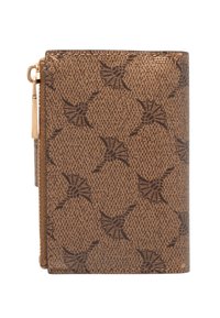 Bruine gestructureerde portemonnee met een patroon van gestileerde bloemen, gouden ritssluiting en een slank ontwerp. Gladde afwerking met gestikte randen.