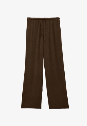 Brune bukser med vide ben, elastisk talje og snøre foran, lavet af blødt strikstof.