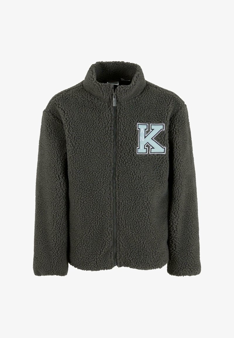 Mørkegrå fleecejakke med høj krave, fuld lynlås og en lyseblå præget "K"-logo på brystet. Blød tekstur og afslappet pasform.