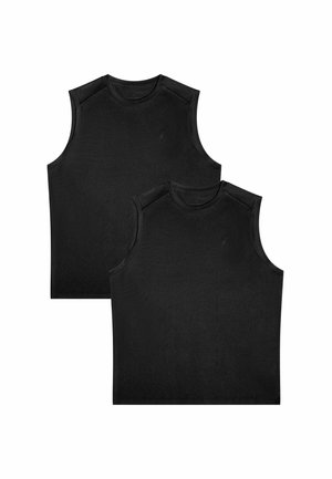 Twee zwarte mouwloze T-shirts met ronde hals afgebeeld op een witte achtergrond, waarbij de ene de ander licht overlapt.