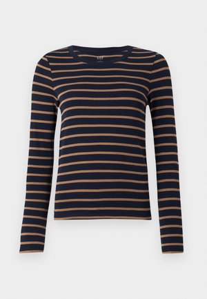 Mørkeblå skjorte med lang arm og brune horisontale striper og rund hals, vist mot en hvit bakgrunn.