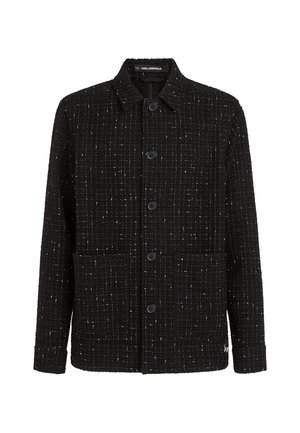 Black textured jacket with a grid pattern, collared neckline, button front closure, and two front pockets. Made from woven fabric.