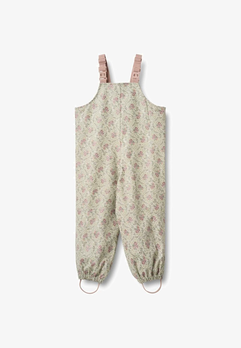 Blumiger Overall in Hellgrün, verziert mit kleinen rosa Rosen. Ausgestattet mit verstellbaren rosafarbenen Trägern, elastischen Bündchen und praktischen Schlaufen am Saum.