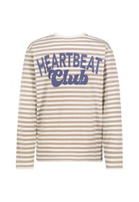 Langarmhemd mit braunen und weißen horizontalen Streifen, auf der Rückseite in großen blauen Buchstaben mit "HEARTBEAT Club". Weicher Stoff.