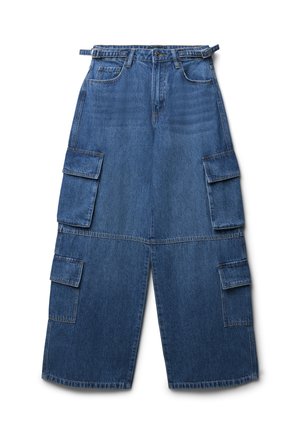 Blaue Denim-Cargohosen mit lockerer Passform, mehreren seitlichen Taschen, weitem Bein design und einem Gürtelloop an der Taille.