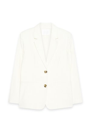 Bela blazer s strukturovano zasnovo, dvema sprednjima žepoma in tremi zlatimi gumbi na sprednji strani. Narejen je iz gladkega blaga.