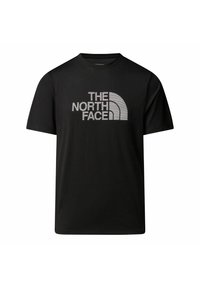 Camiseta de manga corta negra hecha de tela suave, con un gran logo gris "THE NORTH FACE" con un diseño de medio círculo en la parte delantera.