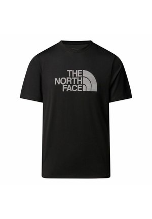 Black short-sleeve t-shirt made of smooth fabric, featuring a large gray logo "THE NORTH FACE" with a half-circle design on the front.
