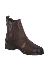 Brown leather ankle boot with a smooth surface, side zipper, and pull tab. Features a low block heel and stitched detailing along the seams.