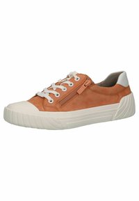 Low-top casual sneaker with orange suede upper, white rubber sole and toe cap, white laces, side zipper, and white heel patch.