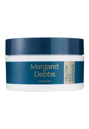 Barattolo bianco con coperchio blu scuro etichettato "Margaret Dabbs London Yellow Leg Masque" per la cura delle gambe.