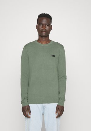 Maglione verde a coste con scollo rotondo, maniche lunghe e etichetta sul petto. Abbinato a jeans azzurri chiari. Tessuto testurizzato.