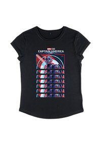 Camiseta negra de manga corta con un gráfico de Capitán América en colores vibrantes, con un diseño geométrico y el texto "CAPITÁN AMÉRICA MUNDO VALIENTE."