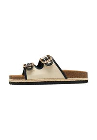 Beige vævet slidesandal med sorte accenter, to spænder og en korksål. Kantet med en naturlig rebdetalje og sort gummisål.