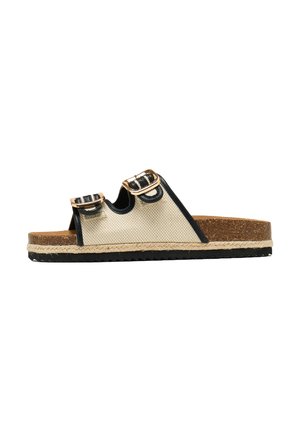 Beżowe plecione sandały z czarnymi akcentami, z dwiema klamrami i korkową wkładką. Wykończone naturalnym detalem ze sznura i czarną gumową podeszwą.