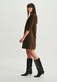 Robe marron texturée à manches trois-quarts, associée à des bottes à talons noirs pointues montantes jusqu'aux genoux. Silhouette simple et design moderne.