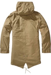 Giacca lunga impermeabile color khaki con cappuccio, bottoni a pressione e cordoncino regolabile all'orlo. Tessuto liscio con finitura opaca.