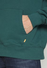 Ciemnozielona bluza z kapturem wykonana z miękkiego materiału, z kieszenią typu kangurka i ściągaczami na mankietach. Posiada małą żółtą metkę marki przy szwie.