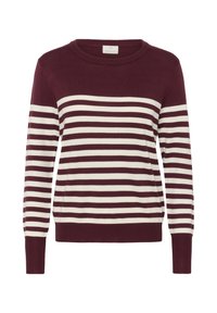 Pull en tricot à rayures bordeaux et crème, tissu en maille, col rond, manches longues, poignets et ourlet côtelés. Motif classique à rayures horizontales.
