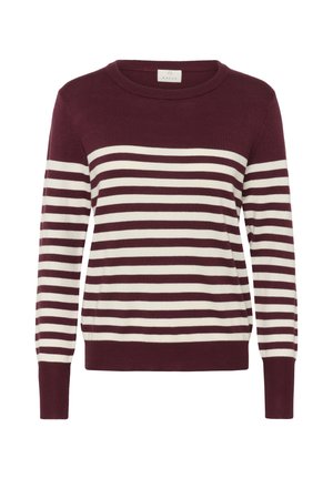 Pull en tricot à rayures bordeaux et crème, tissu en maille, col rond, manches longues, poignets et ourlet côtelés. Motif classique à rayures horizontales.