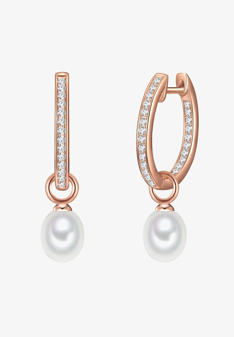 Rožinio aukso auskarai žiedai, puikūs su aiškių kristalų eile ir balto perlo pakabučiu, su lygiu, atspindinčiu paviršiumi.