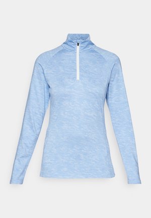 Lange mouwen, lichtblauw sporttop met een hoge kraag en een witte kwart-ritssluiting. Gemaakt van een gestructureerde, vochtafvoerende stof.